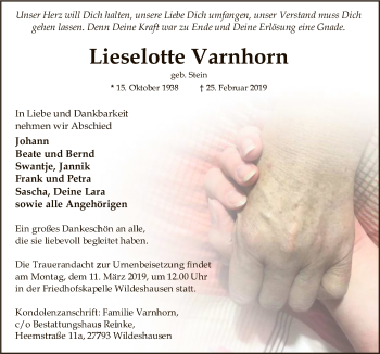 Traueranzeige von Lieselotte Varnhorn von SYK