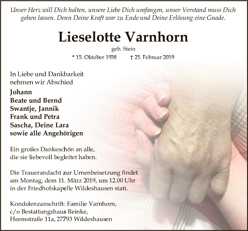  Traueranzeige für Lieselotte Varnhorn vom 02.03.2019 aus SYK