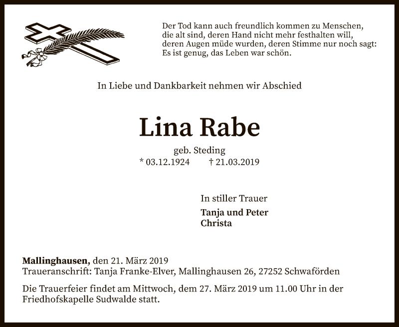  Traueranzeige für Lina Rabe vom 25.03.2019 aus SYK