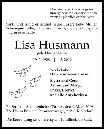 Traueranzeige von Lisa Husmann von SYK