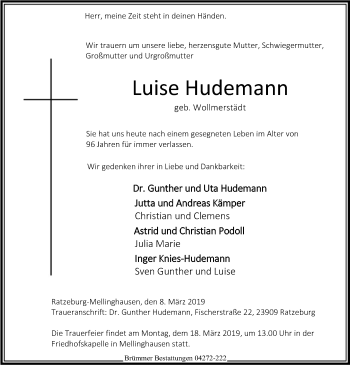 Traueranzeige von Luise Hudemann von SYK