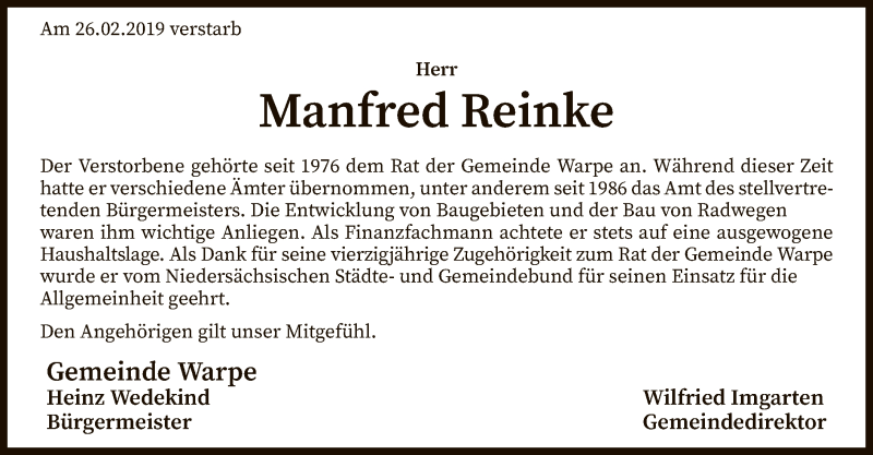  Traueranzeige für Manfred Reinke vom 05.03.2019 aus SYK