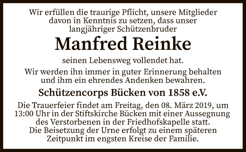  Traueranzeige für Manfred Reinke vom 05.03.2019 aus SYK