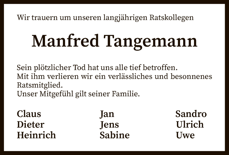  Traueranzeige für Manfred Tangemann vom 05.03.2019 aus SYK