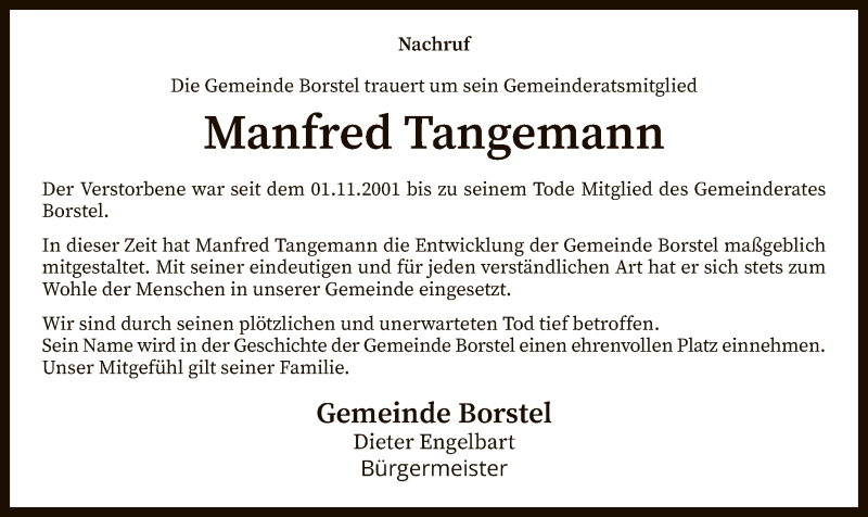  Traueranzeige für Manfred Tangemann vom 05.03.2019 aus SYK