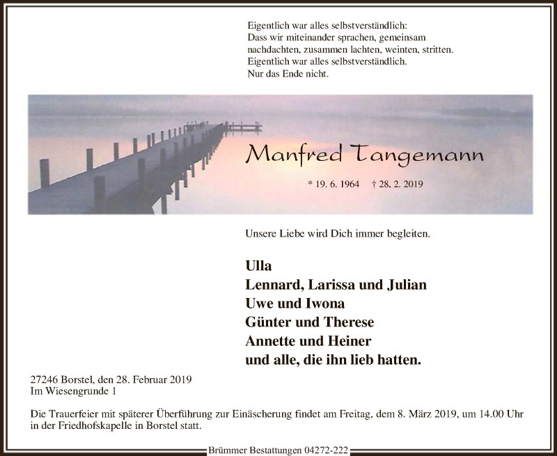  Traueranzeige für Manfred Tangemann vom 04.03.2019 aus SYK