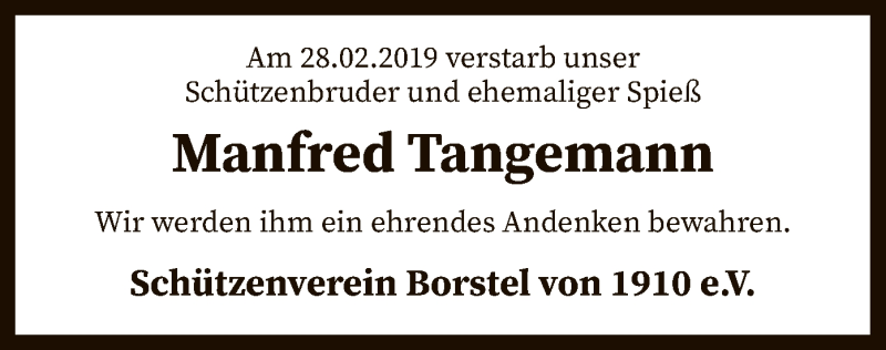  Traueranzeige für Manfred Tangemann vom 05.03.2019 aus SYK