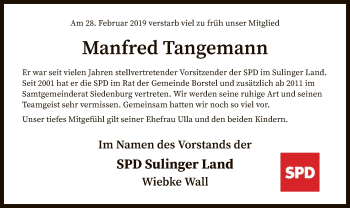 Traueranzeige von Manfred Tangemann von SYK