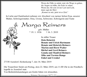 Traueranzeige von Marga Reimers von SYK