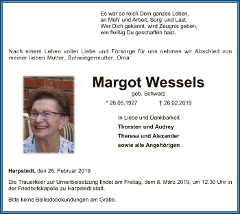 Traueranzeige von Margot Wessels von SYK