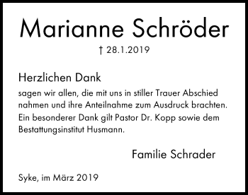 Traueranzeige von Marianne Schröder von SYK