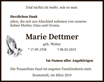 Traueranzeige von Marie Dettmer von SYK