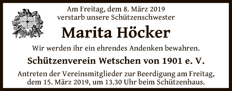 Traueranzeige für Marita Höcker vom 13.03.2019 aus SYK