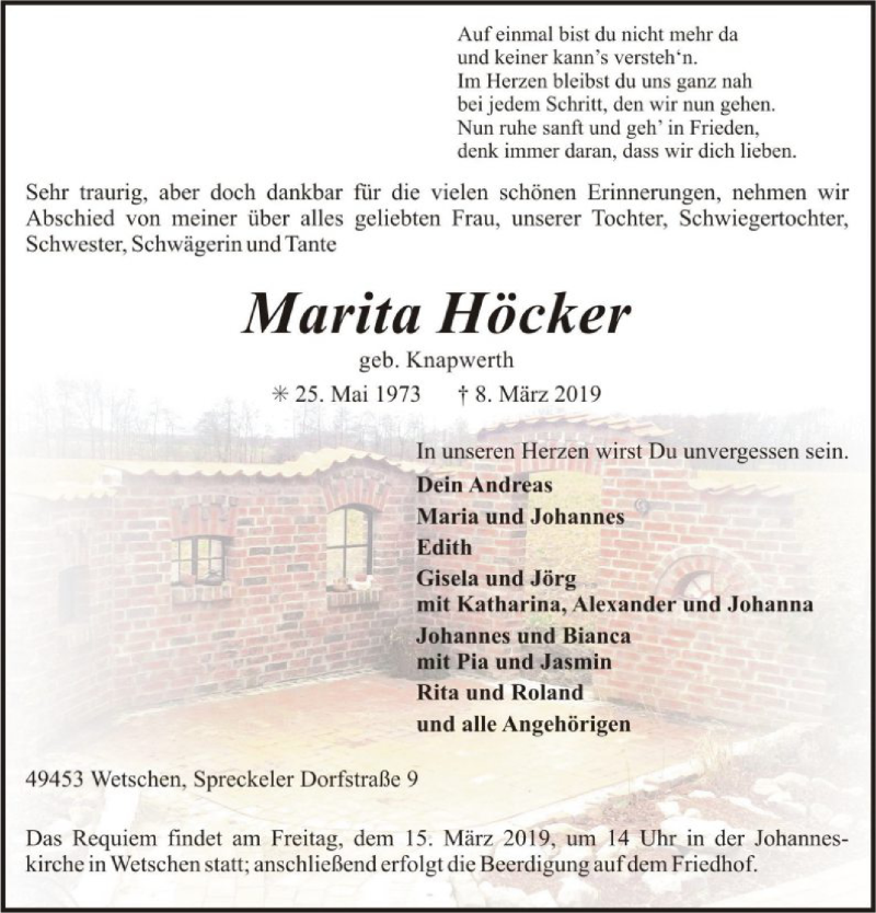  Traueranzeige für Marita Höcker vom 12.03.2019 aus SYK