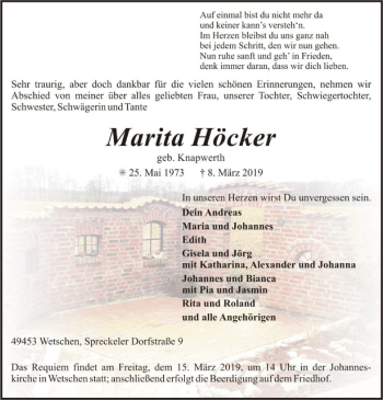 Traueranzeige von Marita Höcker von SYK