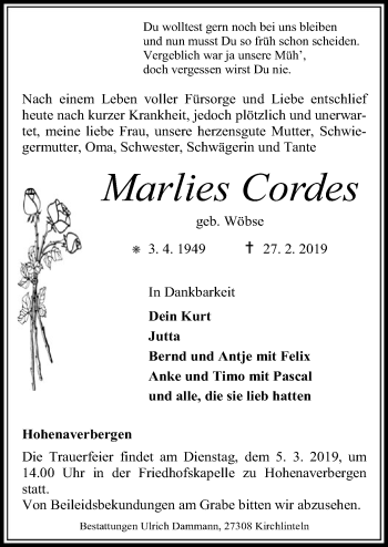 Traueranzeige von Marlies Cordes von SYK