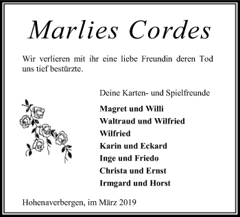 Traueranzeige von Marlies Cordes von SYK