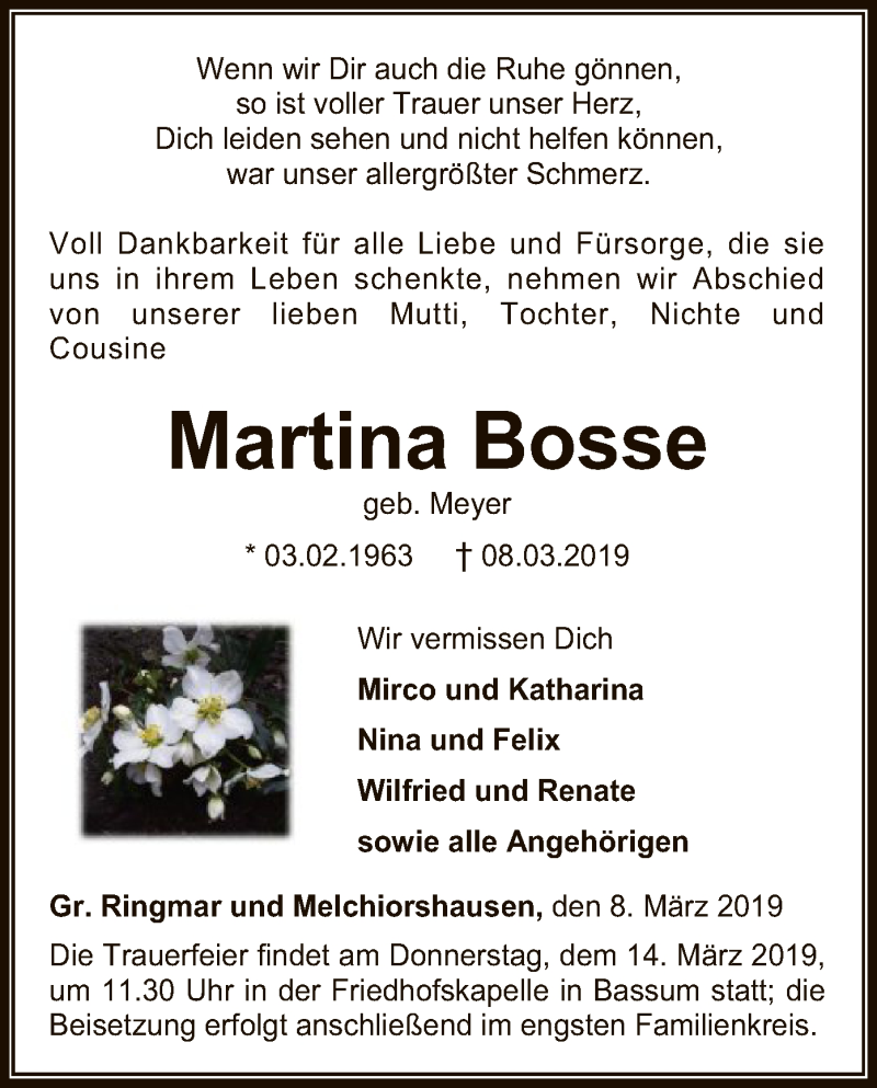  Traueranzeige für Martina Bosse vom 11.03.2019 aus SYK