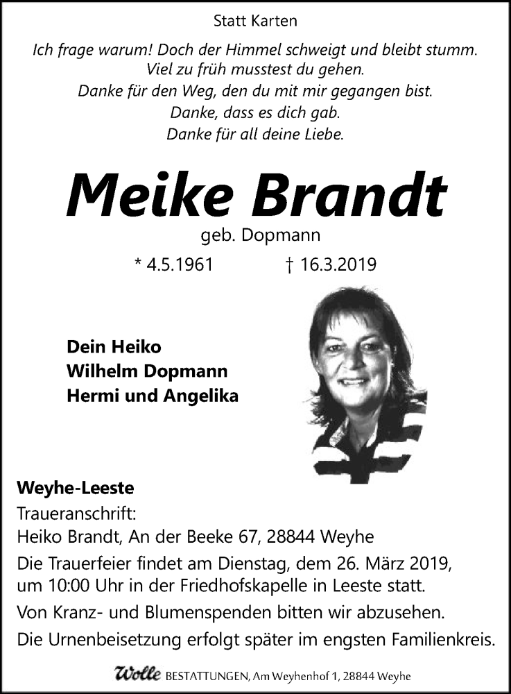  Traueranzeige für Meike Brandt vom 21.03.2019 aus SYK
