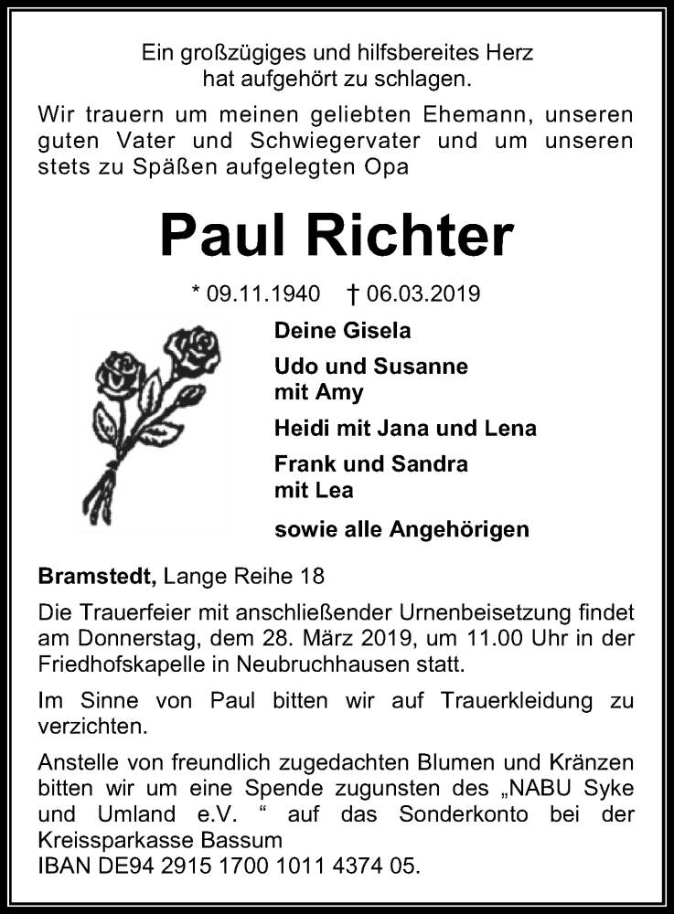  Traueranzeige für Paul Richter vom 16.03.2019 aus SYK