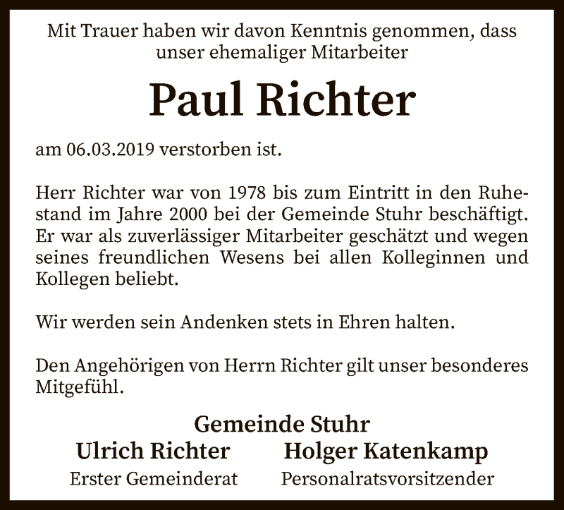  Traueranzeige für Paul Richter vom 16.03.2019 aus SYK