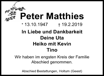 Traueranzeige von Peter Matthies von SYK