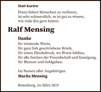 Traueranzeige von Ralf Mensing von SYK