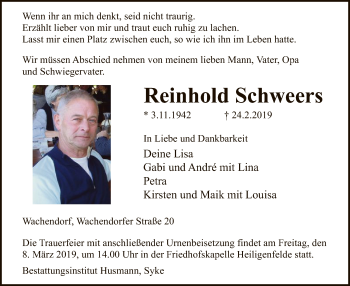 Traueranzeige von Reinhold Schweers von SYK