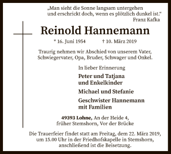 Traueranzeige von Reinold Hannemann von SYK