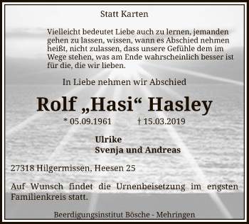 Traueranzeige von Rolf Hasley von SYK