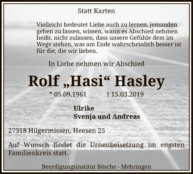  Traueranzeige für Rolf Hasley vom 20.03.2019 aus SYK