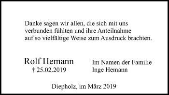 Traueranzeige von Rolf Hemann von SYK
