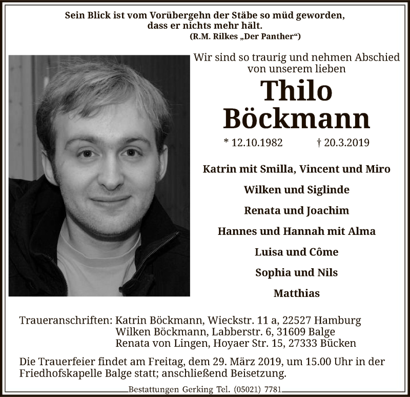  Traueranzeige für Thilo Böckmann vom 26.03.2019 aus SYK