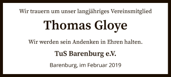 Traueranzeige von Thomas Gloye von SYK