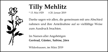 Traueranzeige von Tilly Mehlitz von SYK