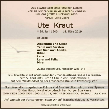 Traueranzeige von Ute Kraut von SYK