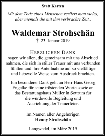 Traueranzeige von Waldemar Strohschän von SYK