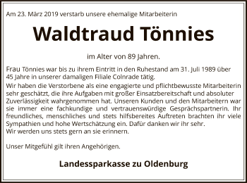 Traueranzeige von Waldtraud Tönnies von SYK