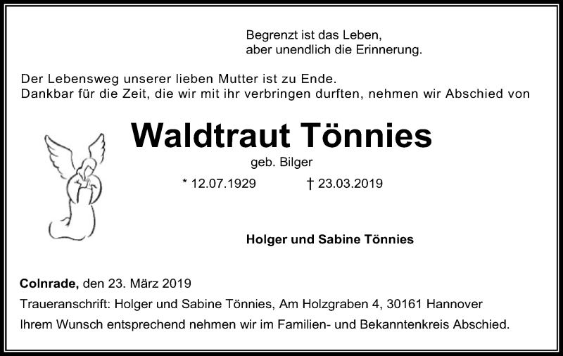  Traueranzeige für Waldtraut Tönnies vom 25.03.2019 aus SYK