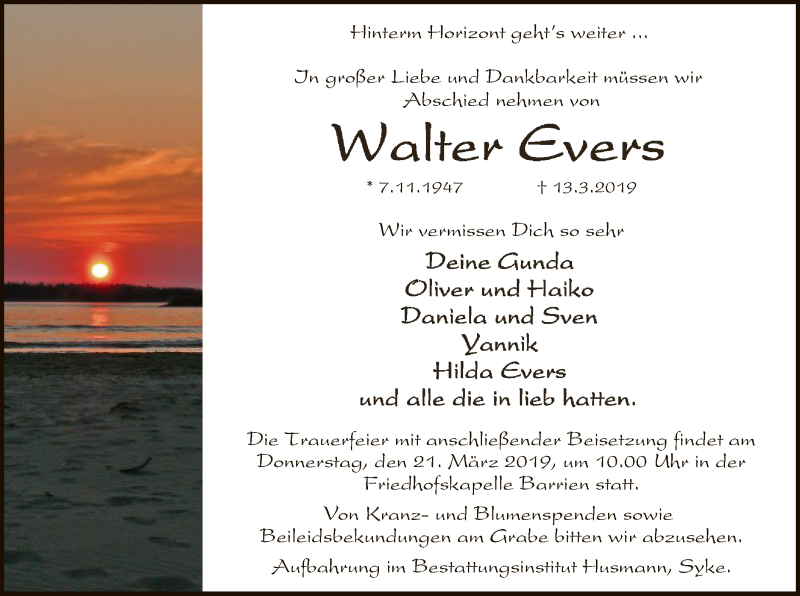  Traueranzeige für Walter Evers vom 16.03.2019 aus SYK