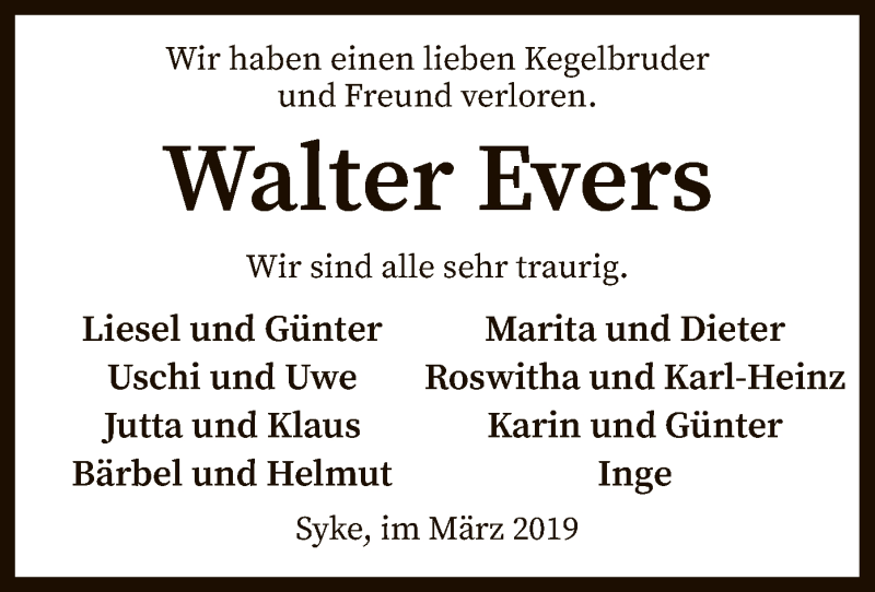  Traueranzeige für Walter Evers vom 19.03.2019 aus SYK