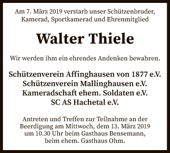 Traueranzeige von Walter Thiele von SYK