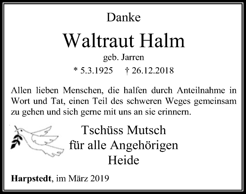  Traueranzeige für Waltraut Halm vom 05.03.2019 aus SYK