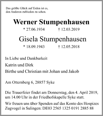 Traueranzeige von Werner und Gisela Stumpenhausen von SYK