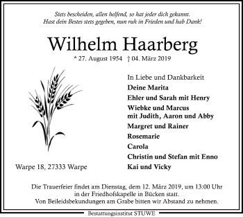 Traueranzeige von Wilhelm Haarberg von SYK