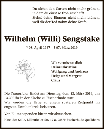 Traueranzeige von Wilhelm Sengstake von SYK