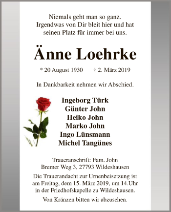 Traueranzeige von Änne Loehrke von SYK