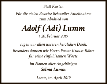 Traueranzeige von Adolf Lumm von SYK