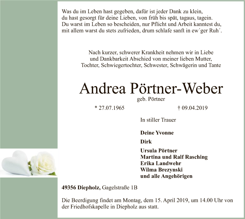  Traueranzeige für Andrea Pörtner-Weber vom 11.04.2019 aus SYK