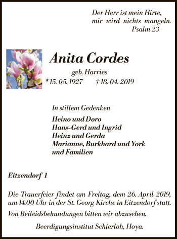 Traueranzeige von Anita Cordes von SYK